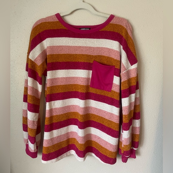 NEW Heimish Chenille Balloon Puff Long Sleeve Stripe Pocket Pink Sweater Top - Picture 3 of 4